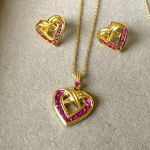 Classic Gold Over Sterling Ruby Heart jewelry set